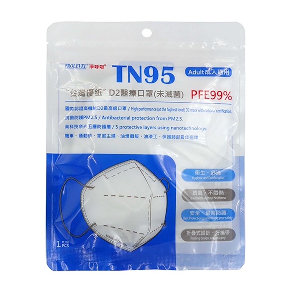 【台灣優紙】TN95 高科技奈米 醫用口罩 5層防護 N95等級*1片(單片獨立包裝 N95等級 醫用口罩)